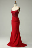 Dark Red Mermaid Halter Beaded Prom Dress with Appliques