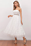 White A Line Spaghetti Straps Lace Midi Wedding Dress (Belt Not Included)