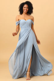 A Line Off the Shoulder Ruched Chiffon Bridesmaid Dress with Slit