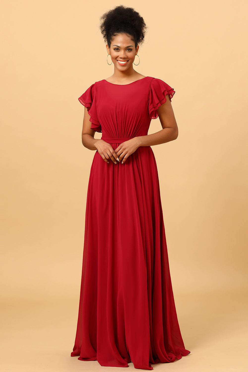Wedtrend Women BridesmaidsA Line Bateau Neck Ruched Long Chiffon Bridesmaid Dress with Ruffles, Burgundy