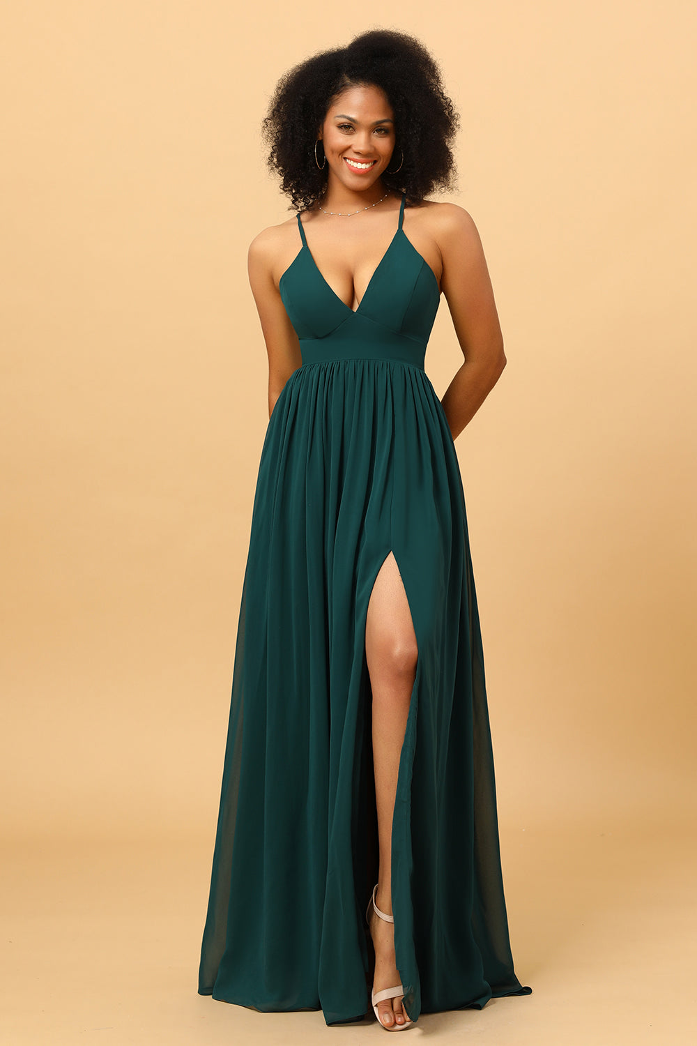 Wedtrend Women Pine Lace-Up Back Long Chiffon Bridesmaid Dress with Slit, Pine / US2