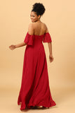 A Line Off the Shoulder Long Chiffon Bridesmaid Dress with Slit