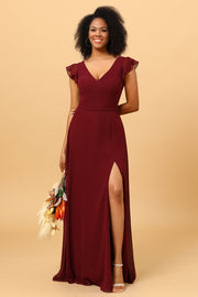 A Line V Neck Strapless Long Chiffon Bridesmaid Dress With Slit