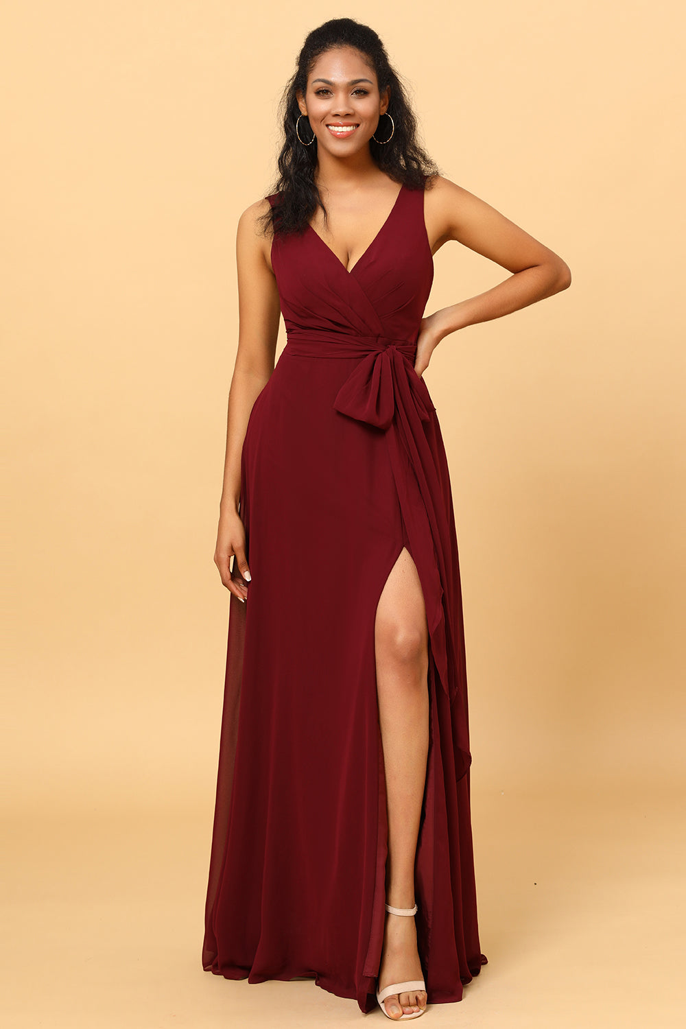 Wedtrend Women A Line V Neck Sleeveless Long Chiffon Bridesmaid Dress with Slit, Cabernet