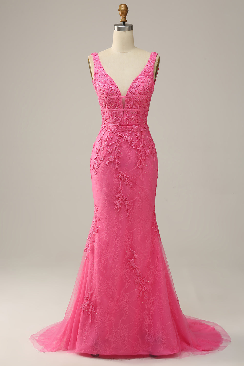 Hot Pink Mermaid Deep V Neck Long Prom Dress with Open Back