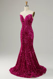 Fuchsia Mermaid Sweetheart Neck Sequined Prom Dress With Sweep Train