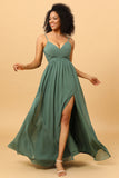 A Line Spaghetti Straps Ruched Long Chiffon Bridesmaid Dress with Slit