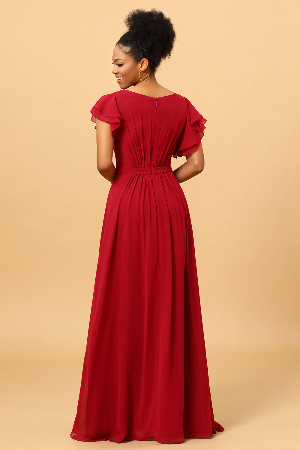 Wedtrend Women BridesmaidsA Line Bateau Neck Ruched Long Chiffon Bridesmaid Dress with Ruffles, Burgundy