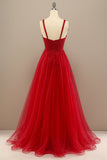 Red A Line Sweetheart Tulle Long Prom Dress with Beading