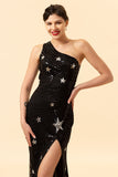 Black Mermaid One Shoulder Sequins Long Prom Dress with Star