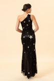 Black Mermaid One Shoulder Sequins Long Prom Dress with Star