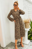Brown Leopard Printed Casual Dress with Long Sleeves