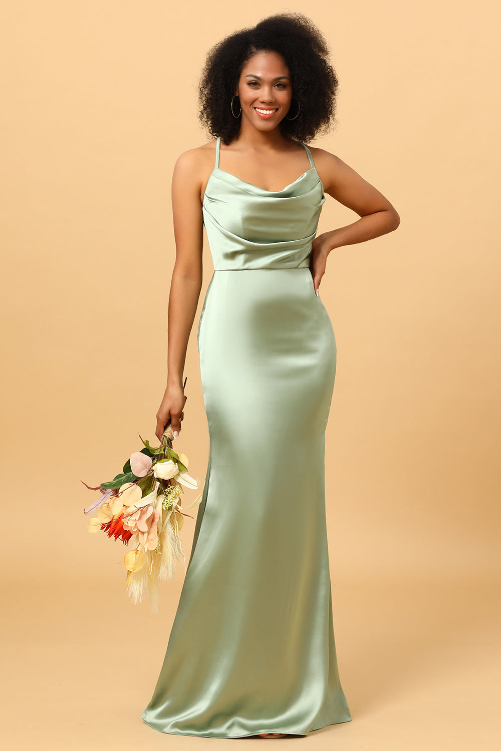 Wedtrend Women Sage Mermaid Cowl Neckline Spaghetti Straps Long Satin Bridesmaid Dress WEDTREND Wedtrend Women Sage Mermaid Cowl Neckline Spaghetti Straps Long Satin Bridesmaid Dress WEDTREND