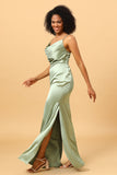 Sage Mermaid Cowl Neckline Long Satin Bridesmaid Dress