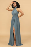 Grey Halter Ruched Long Chiffon Bridesmaid Dress with Slit