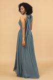 Grey Halter Ruched Long Chiffon Bridesmaid Dress with Slit