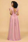 A Line Deep V-Neck Long Chiffon Bridesmaid Dress with Slit