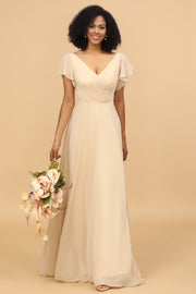 Wedtrend Women Champagne V-Neck Cap Sleeves A-Line Long Chiffon Bridesmaid Dress with Ruffles WEDTREND Wedtrend Women Champagne V-Neck Cap Sleeves A-Line Long Chiffon Bridesmaid Dress with Ruffles WEDTREND