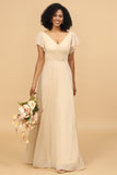 Champagne A Line Long Chiffon Bridesmaid Dress with Cap Sleeves