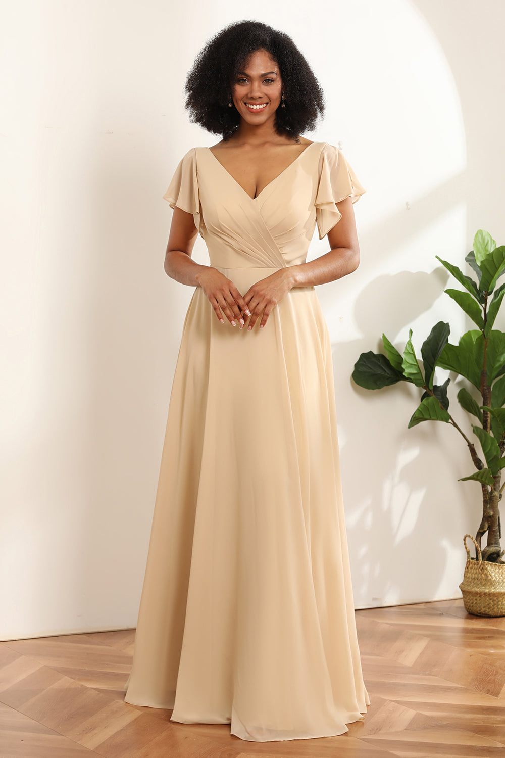 Wedtrend Women Champagne V-Neck Cap Sleeves A-Line Long Chiffon Bridesmaid Dress with Ruffles WEDTREND Wedtrend Women Champagne V-Neck Cap Sleeves A-Line Long Chiffon Bridesmaid Dress with Ruffles WEDTREND