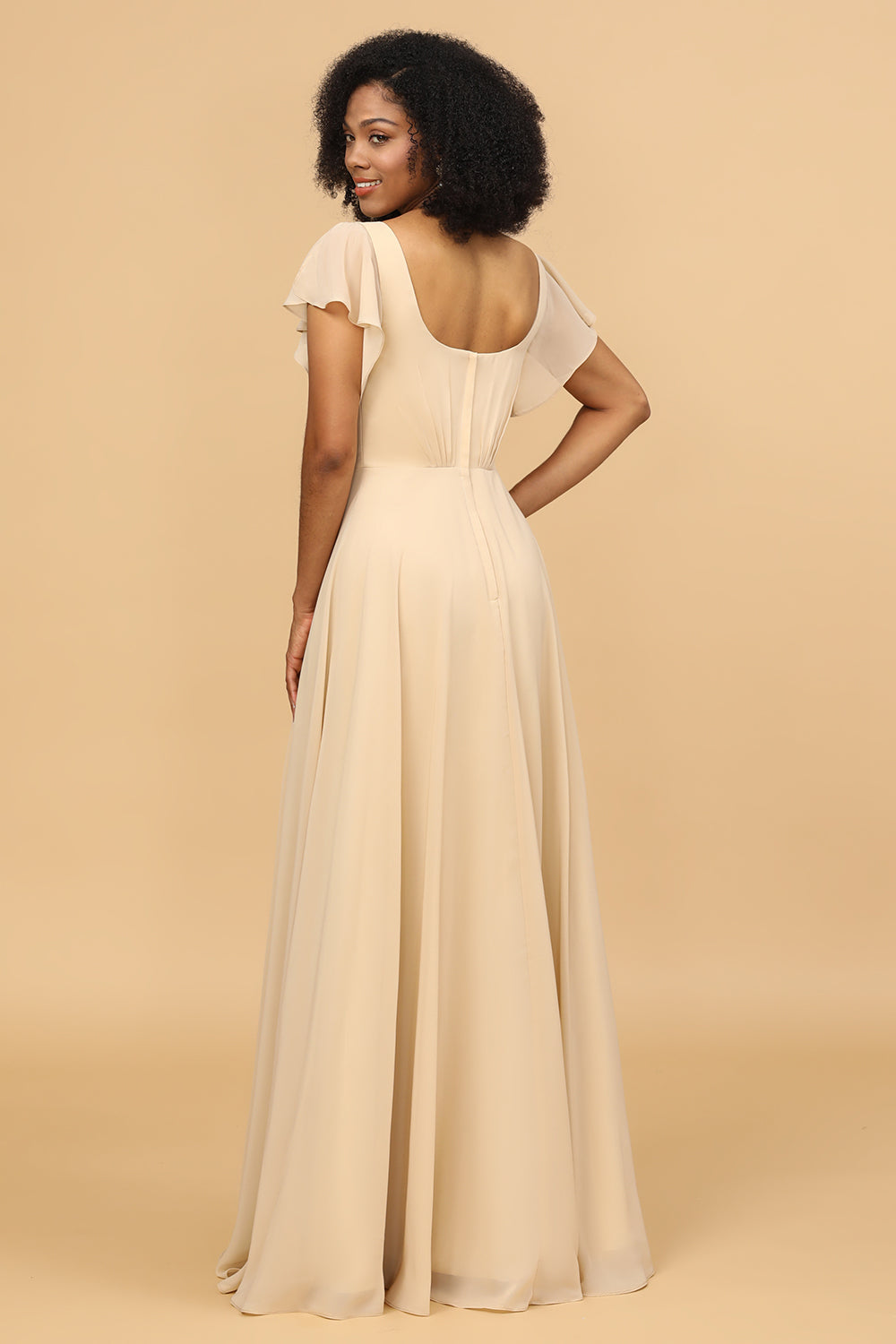 Wedtrend Women Champagne V-Neck Cap Sleeves A-Line Long Chiffon Bridesmaid Dress with Ruffles WEDTREND Wedtrend Women Champagne V-Neck Cap Sleeves A-Line Long Chiffon Bridesmaid Dress with Ruffles WEDTREND