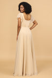 Champagne A Line Long Chiffon Bridesmaid Dress with Cap Sleeves