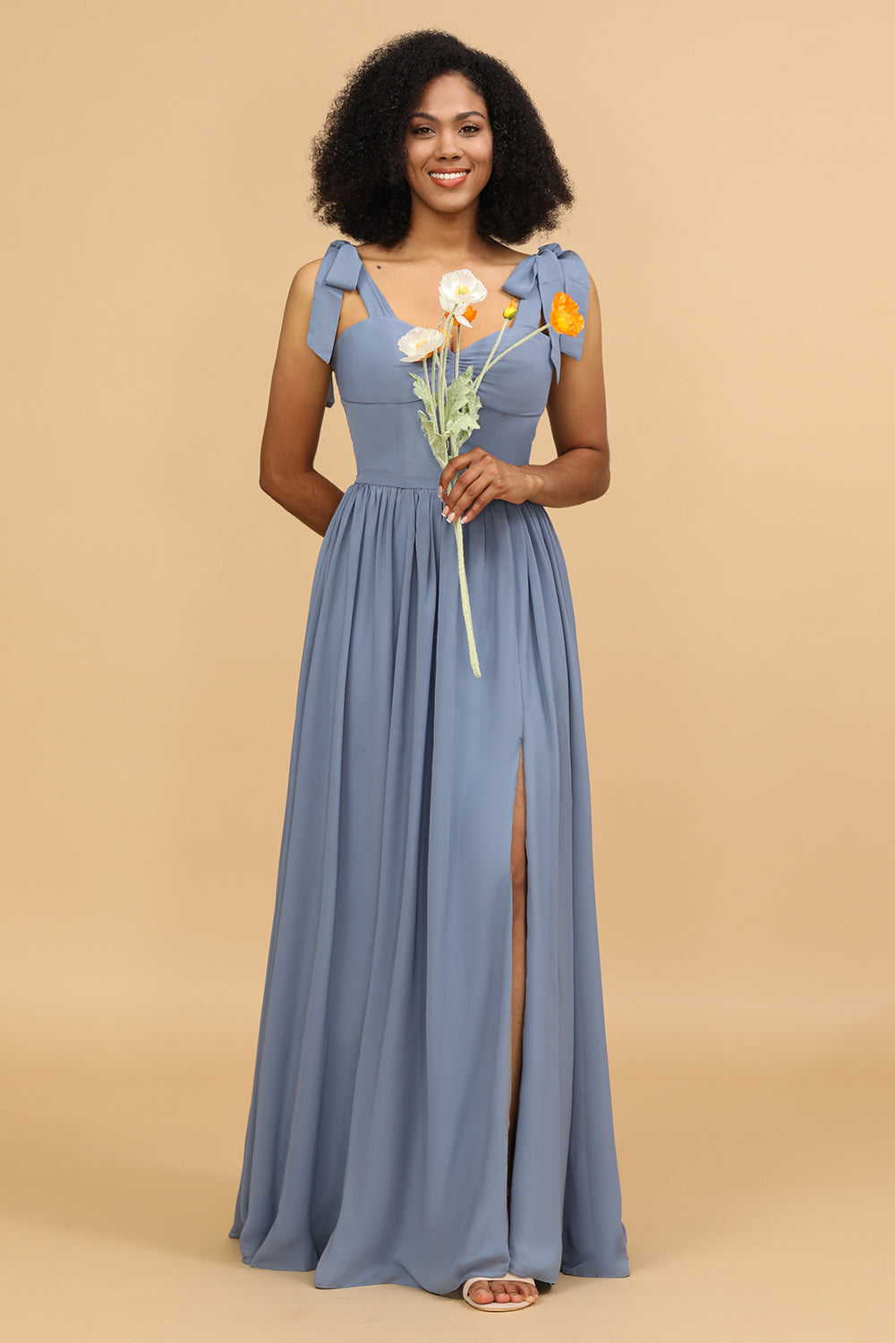 Wedtrend Women Grey Blue Spaghetti Straps A-Line Long Chiffon Bridesmaid Dress with Slit, GreyBlue / US14