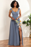 Grey Blue A Line Floor Length Chiffon Bridesmaid Dress with Slit