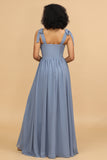 Grey Blue A Line Floor Length Chiffon Bridesmaid Dress with Slit