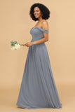 Grey Blue A Line Off the Shoulder Long Chiffon Bridesmaid Dress
