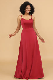 Red A Line Spaghetti Straps Floor Length Satin Bridesmaid Dress