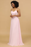 Pink Sheath/Column Spaghetti Straps Long Chiffon Bridesmaid Dress