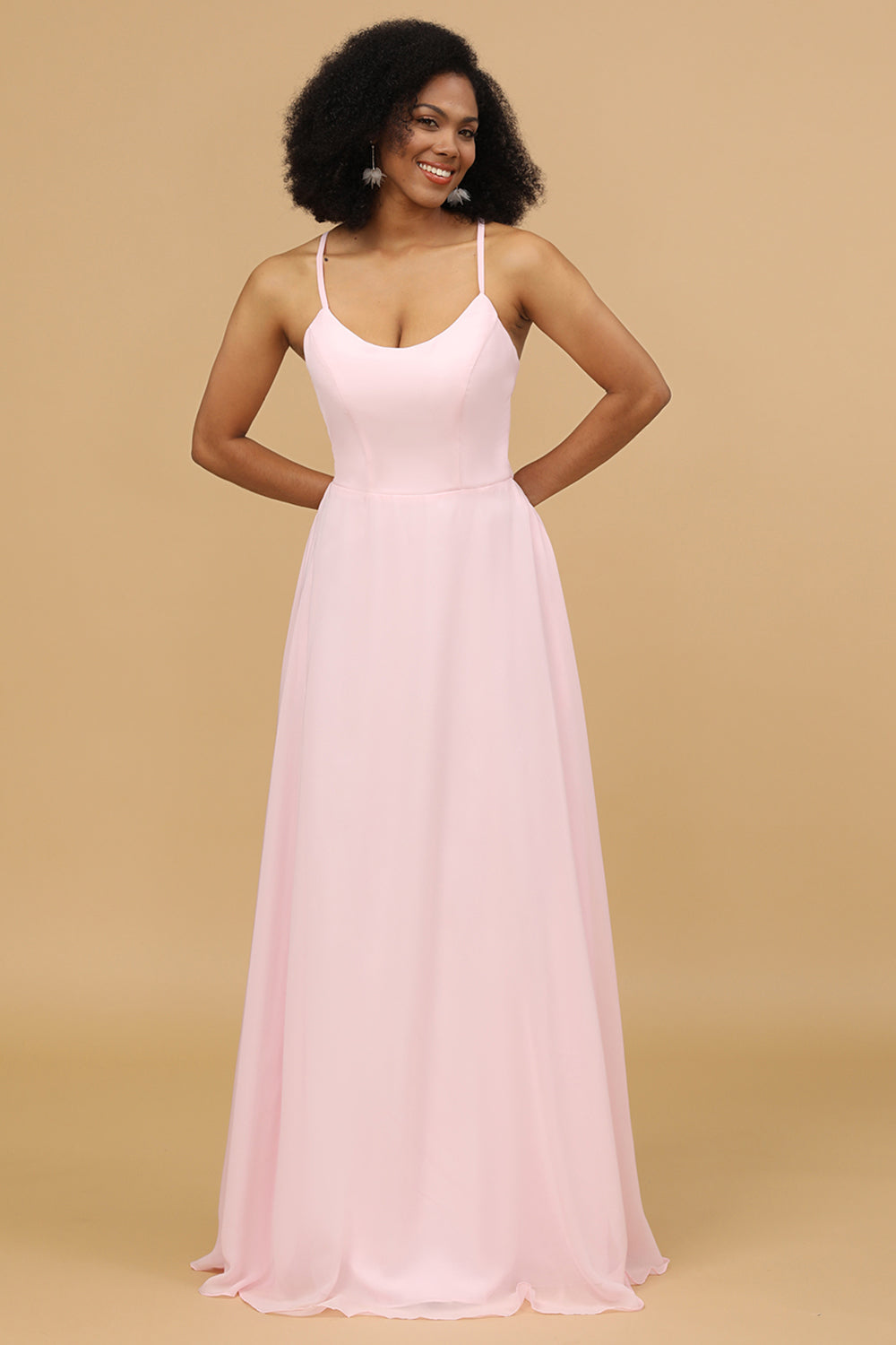 Pink Sheath/Column Spaghetti Straps Long Chiffon Bridesmaid Dress