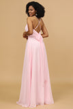 Pink Sheath/Column Spaghetti Straps Long Chiffon Bridesmaid Dress