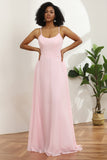 Pink Sheath/Column Spaghetti Straps Long Chiffon Bridesmaid Dress