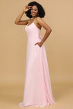 Pink Sheath/Column Spaghetti Straps Long Chiffon Bridesmaid Dress