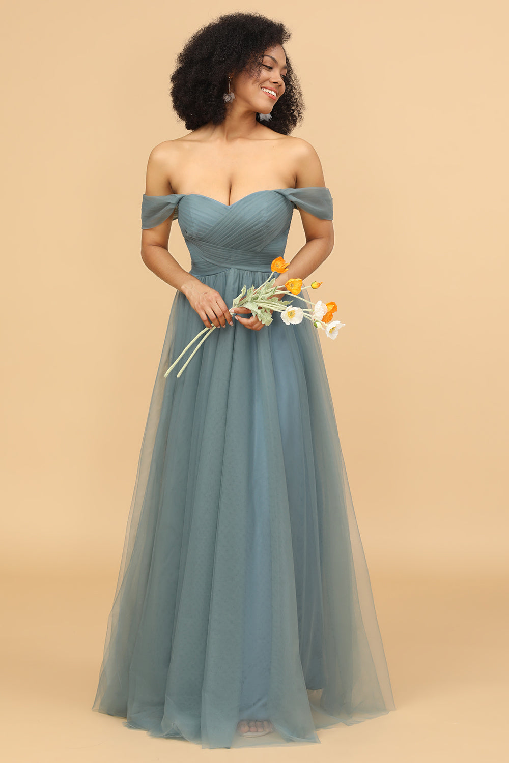 Tulle off the top shoulder bridesmaid dress