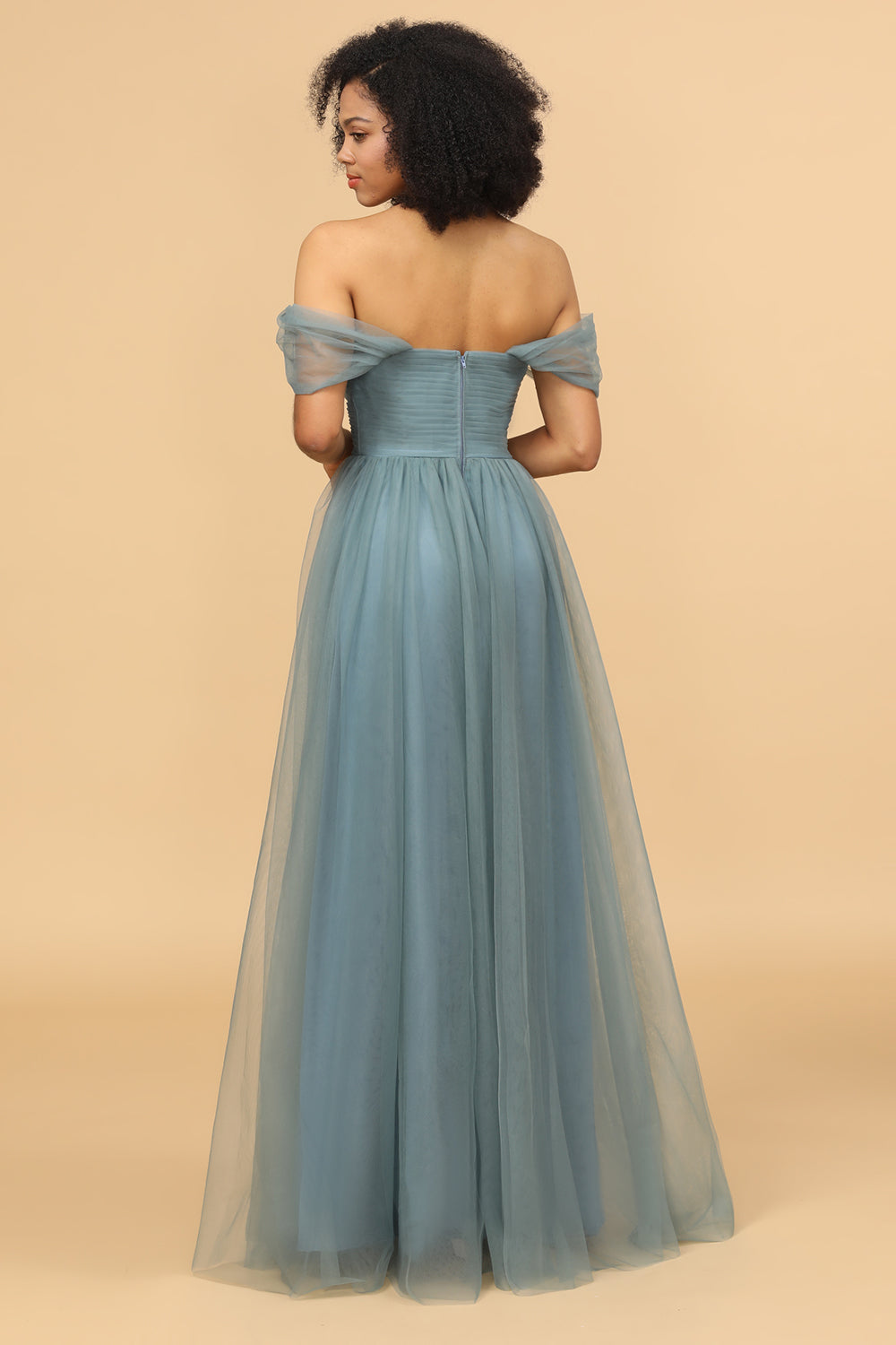 A-Line Off the Shoulder Tulle Bridesmaid Dress with Ruffles