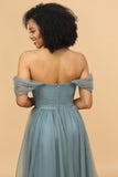 A-Line Off the Shoulder Tulle Bridesmaid Dress with Ruffles