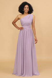 A Line One Shoulder Long Chiffon Bridesmaids Dress with Ruffles