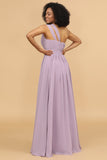 A Line One Shoulder Long Chiffon Bridesmaids Dress with Ruffles