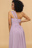 Lilac A Line One Shoulder Long Chiffon Bridesmaids Dress with Ruffles