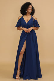 A Line Halter Cold Shoulder Chiffon Bridesmaid Dress with Slit