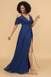 Navy A Line Cold Shoulder Chiffon Bridesmaid Dress with Slit