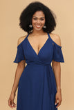 Navy A Line Cold Shoulder Chiffon Bridesmaid Dress with Slit