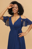 Navy A Line Cold Shoulder Chiffon Bridesmaid Dress with Slit