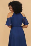 Navy A Line Cold Shoulder Chiffon Bridesmaid Dress with Slit