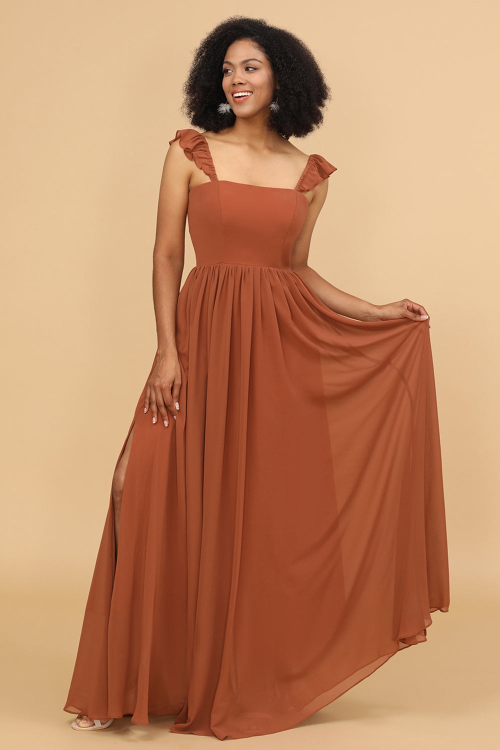 A-Line Floor Length Chiffon Bridesmaid Dress with Ruffles, Sunset A-Line Floor Length Chiffon Bridesmaid Dress with Ruffles, Sunset