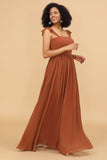 Terracotta A-Line Floor Length Chiffon Bridesmaid Dress With Ruffles