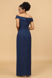 Navy Sheath/Column Off The Shoulder Satin Bridesmaid Dress